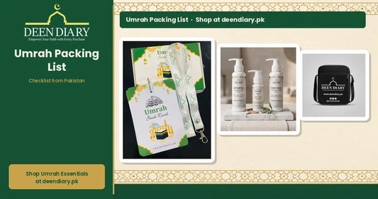 Umrah packing list checklist with Deen Diary Guide Cards and Tahara Kit